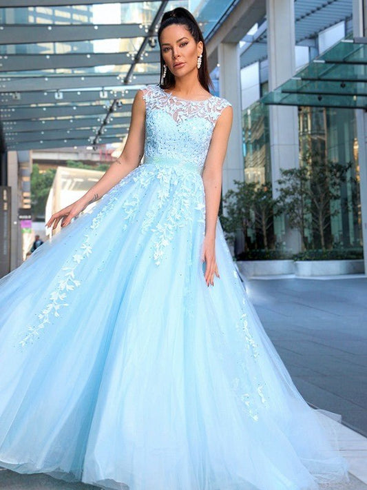 NumberSea - A - Line/Princess Scoop Sleeveless Tulle Applique Court Train Dresses