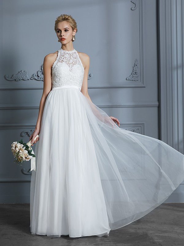 NumberSea - A - Line/Princess Scoop Sleeveless Tulle Floor - Length Wedding Dresses