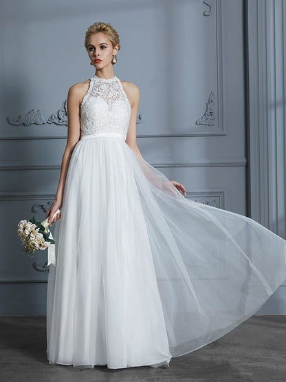 NumberSea - A - Line/Princess Scoop Sleeveless Tulle Floor - Length Wedding Dresses