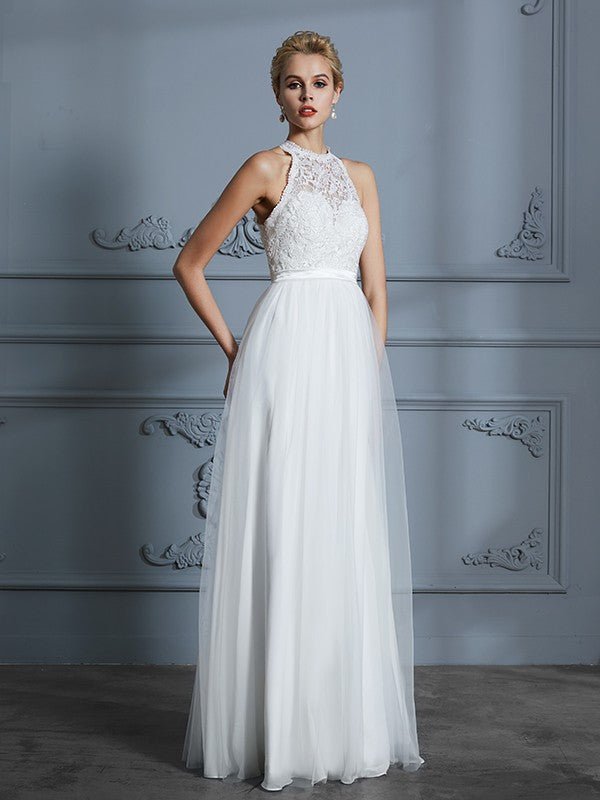 NumberSea - A - Line/Princess Scoop Sleeveless Tulle Floor - Length Wedding Dresses