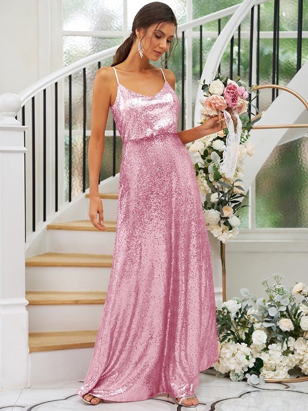 NumberSea - A - Line/Princess Sequins Ruched Straps Sleeveless Floor - Length Bridesmaid Dresses