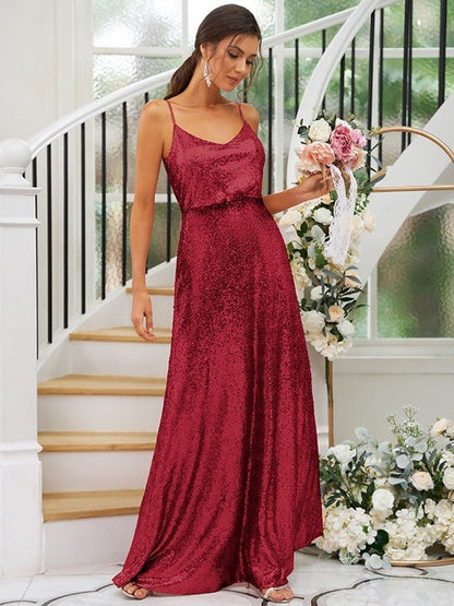 NumberSea - A - Line/Princess Sequins Ruched Straps Sleeveless Floor - Length Bridesmaid Dresses