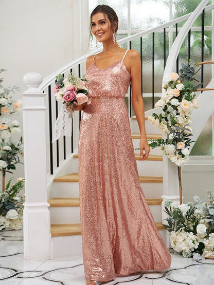 NumberSea - A - Line/Princess Sequins Ruched Straps Sleeveless Floor - Length Bridesmaid Dresses