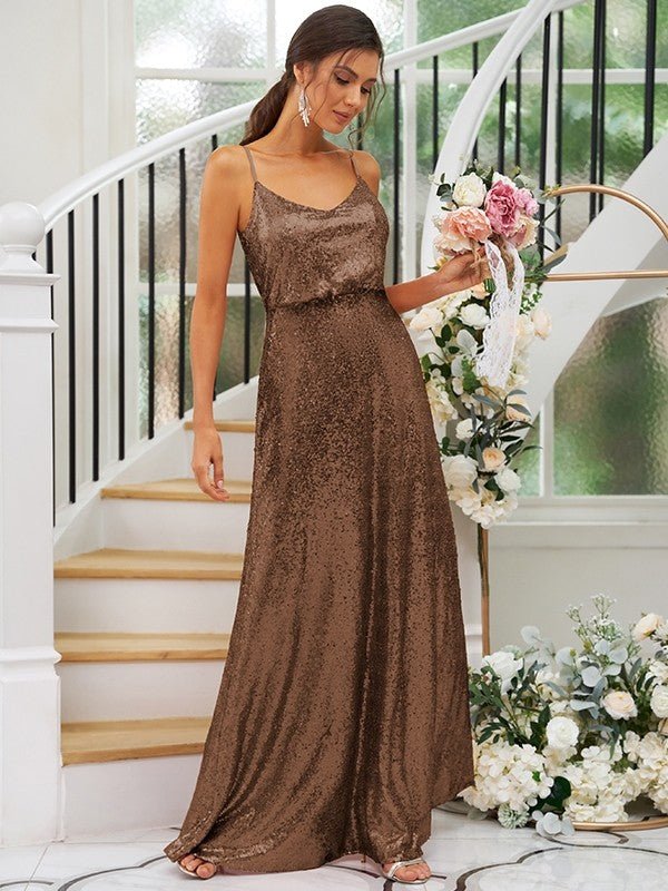 NumberSea - A - Line/Princess Sequins Ruched Straps Sleeveless Floor - Length Bridesmaid Dresses