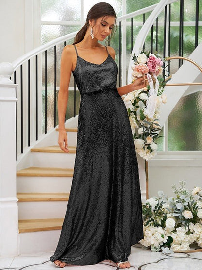 NumberSea - A - Line/Princess Sequins Ruched Straps Sleeveless Floor - Length Bridesmaid Dresses