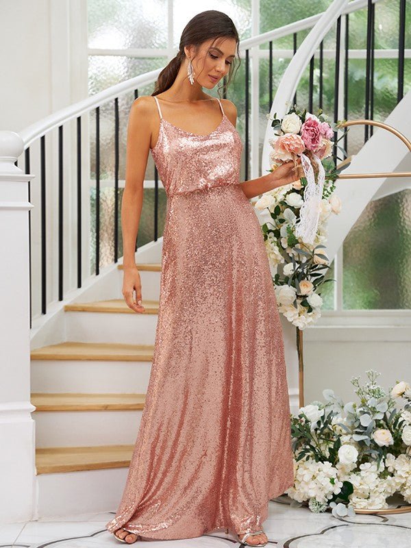 NumberSea - A - Line/Princess Sequins Ruched Straps Sleeveless Floor - Length Bridesmaid Dresses