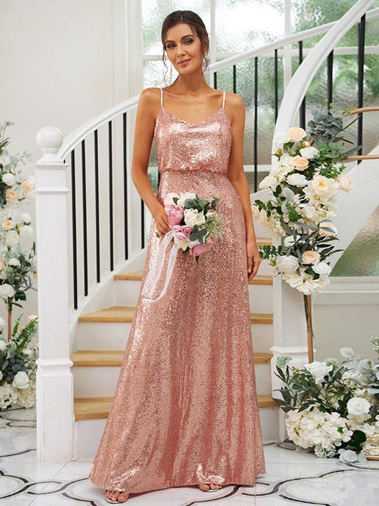 NumberSea - A - Line/Princess Sequins Ruched Straps Sleeveless Floor - Length Bridesmaid Dresses