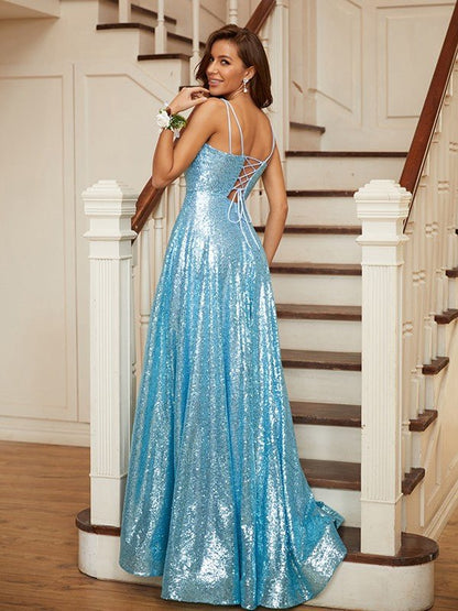 NumberSea - A - Line/Princess Sequins Ruffles Spaghetti Straps Sleeveless Sweep/Brush Train Dresses