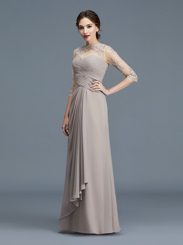 NumberSea - A - Line/Princess Sheer Neck 3/4 Sleeves Ruffles Chiffon Floor - Length Mother of the Bride Dresses