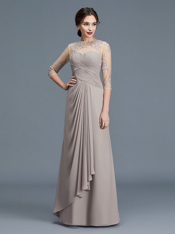 NumberSea - A - Line/Princess Sheer Neck 3/4 Sleeves Ruffles Chiffon Floor - Length Mother of the Bride Dresses