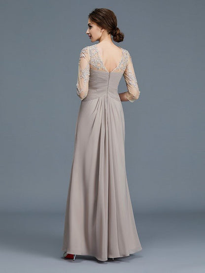 NumberSea - A - Line/Princess Sheer Neck 3/4 Sleeves Ruffles Chiffon Floor - Length Mother of the Bride Dresses