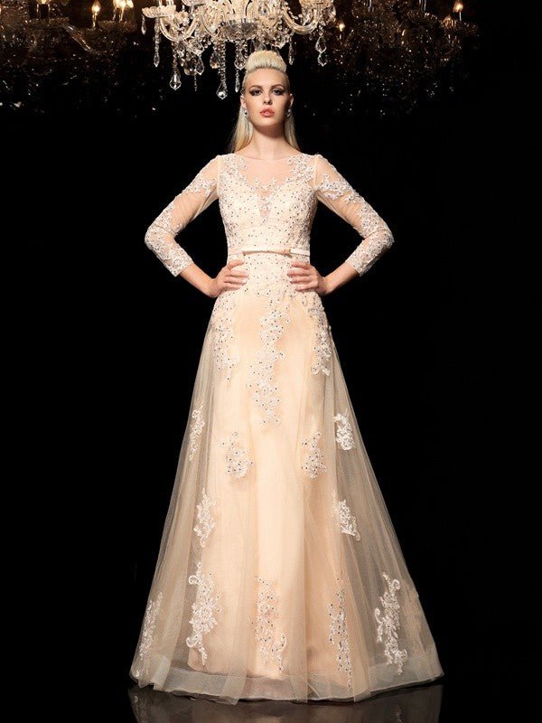 NumberSea - A - Line/Princess Sheer Neck Applique Long Sleeves Long Satin Dresses