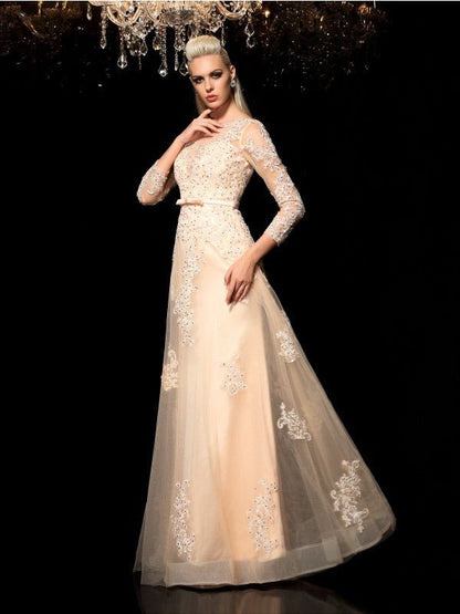 NumberSea - A - Line/Princess Sheer Neck Applique Long Sleeves Long Satin Dresses