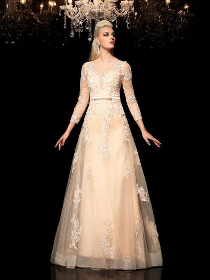 NumberSea - A - Line/Princess Sheer Neck Applique Long Sleeves Long Satin Dresses