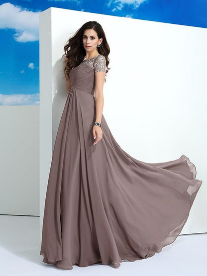 NumberSea - A - Line/Princess Sheer Neck Beading Short Sleeves Long Chiffon Dresses