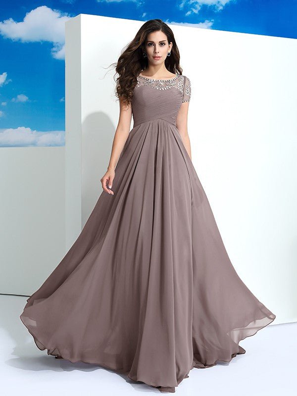 NumberSea - A - Line/Princess Sheer Neck Beading Short Sleeves Long Chiffon Dresses