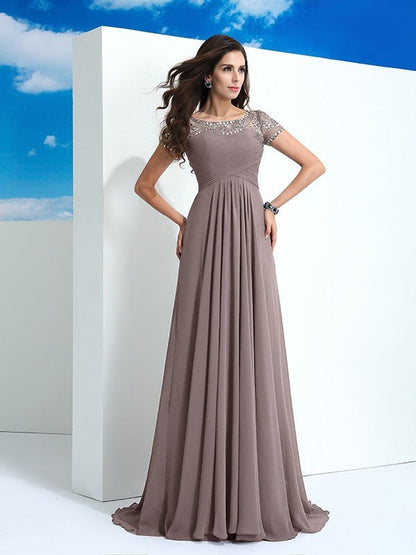 NumberSea - A - Line/Princess Sheer Neck Beading Short Sleeves Long Chiffon Dresses