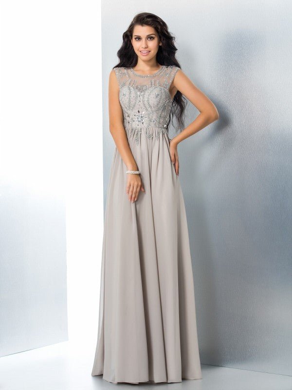 NumberSea - A - Line/Princess Sheer Neck Beading Sleeveless Long Chiffon Dresses