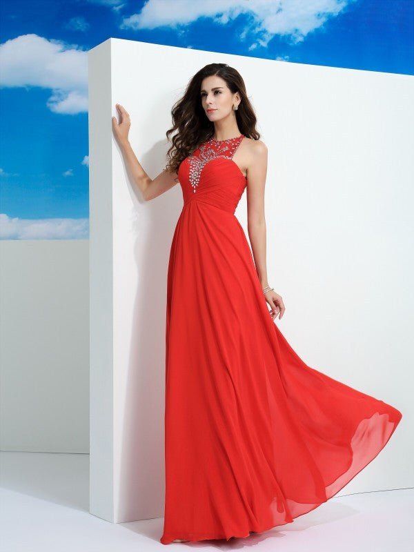 NumberSea - A - Line/Princess Sheer Neck Beading Sleeveless Long Chiffon Dresses