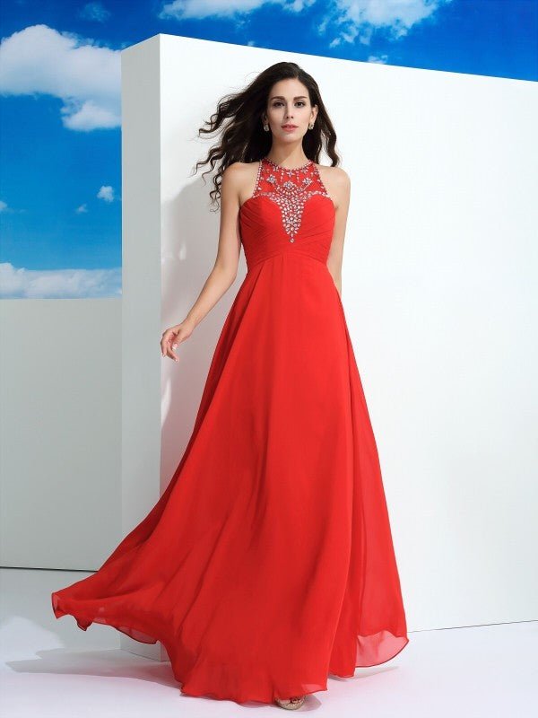 NumberSea - A - Line/Princess Sheer Neck Beading Sleeveless Long Chiffon Dresses