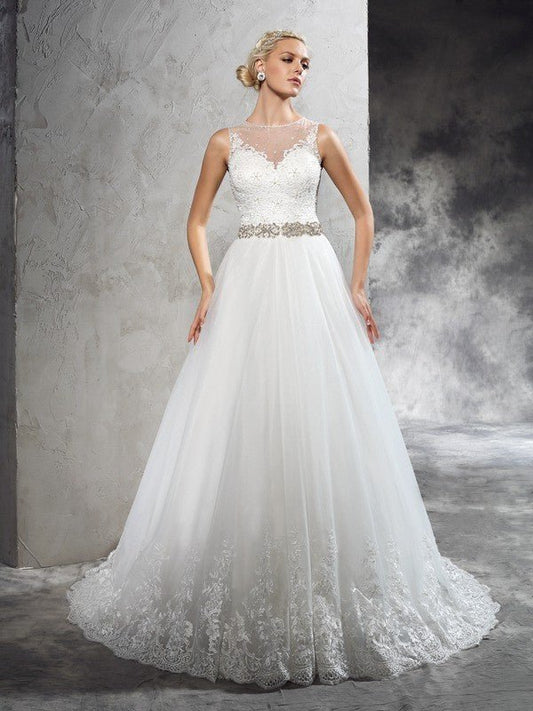 NumberSea - A - Line/Princess Sheer Neck Beading Sleeveless Long Net Wedding Dresses