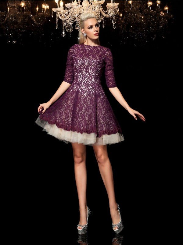 NumberSea - A - Line/Princess Sheer Neck Lace 1/2 Sleeves Short Lace Cocktail Dresses