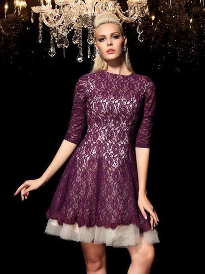 NumberSea - A - Line/Princess Sheer Neck Lace 1/2 Sleeves Short Lace Cocktail Dresses