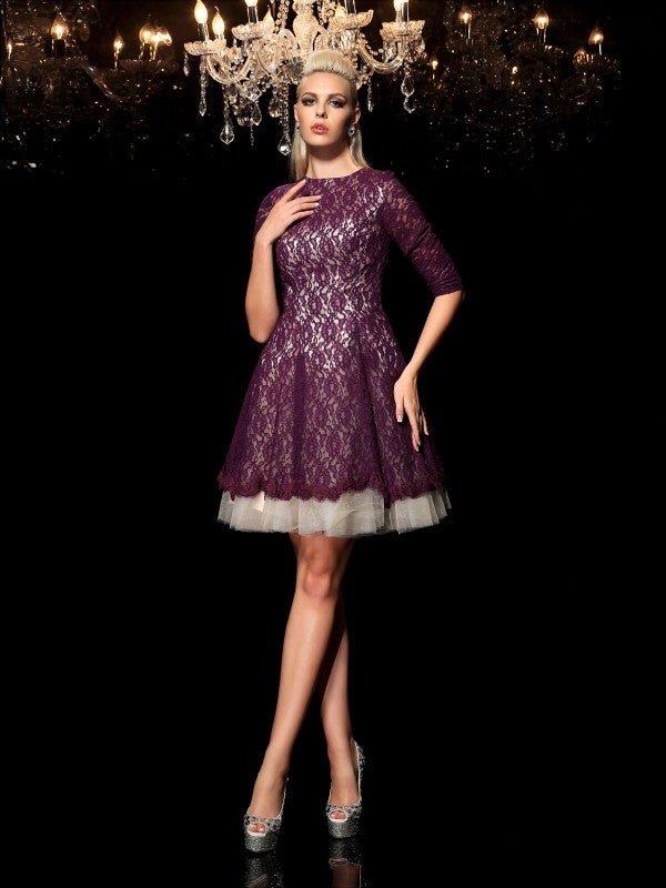 NumberSea - A - Line/Princess Sheer Neck Lace 1/2 Sleeves Short Lace Cocktail Dresses