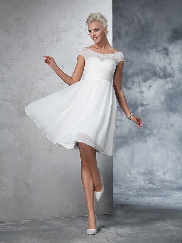 NumberSea - A - Line/Princess Sheer Neck Ruched Short Sleeves Short Chiffon Wedding Dresses