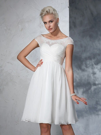 NumberSea - A - Line/Princess Sheer Neck Ruched Short Sleeves Short Chiffon Wedding Dresses