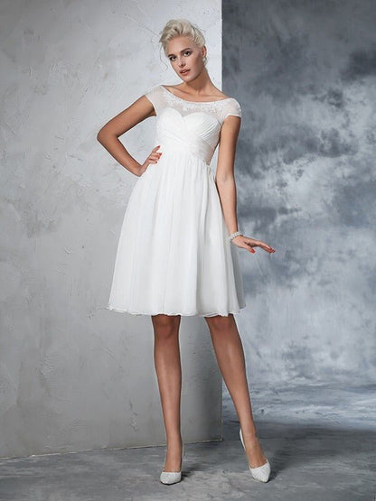 NumberSea - A - Line/Princess Sheer Neck Ruched Short Sleeves Short Chiffon Wedding Dresses