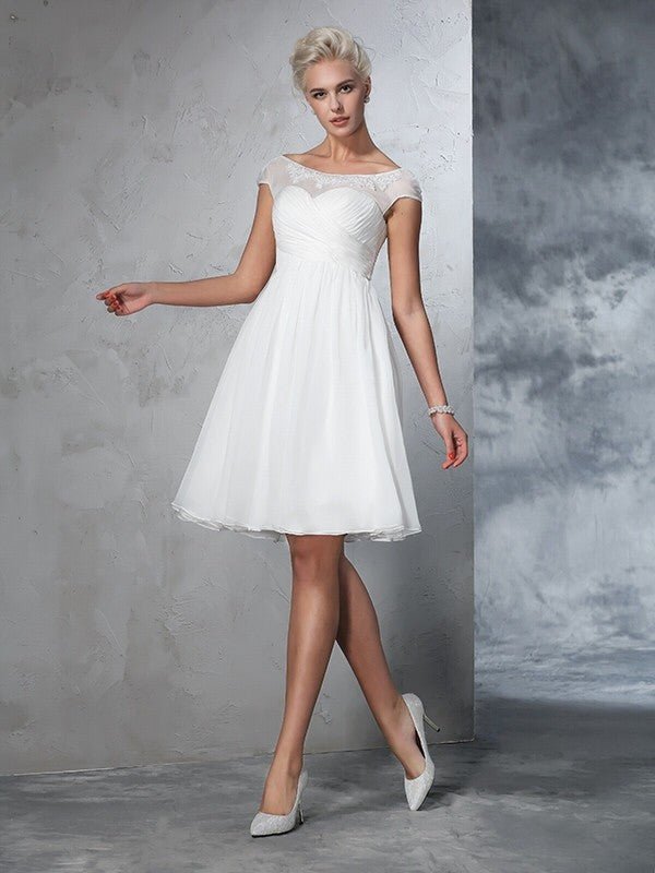 NumberSea - A - Line/Princess Sheer Neck Ruched Short Sleeves Short Chiffon Wedding Dresses