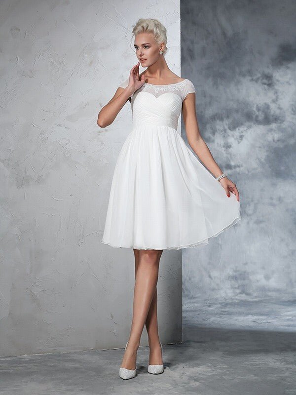 NumberSea - A - Line/Princess Sheer Neck Ruched Short Sleeves Short Chiffon Wedding Dresses