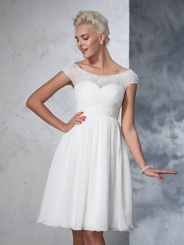 NumberSea - A - Line/Princess Sheer Neck Ruched Short Sleeves Short Chiffon Wedding Dresses