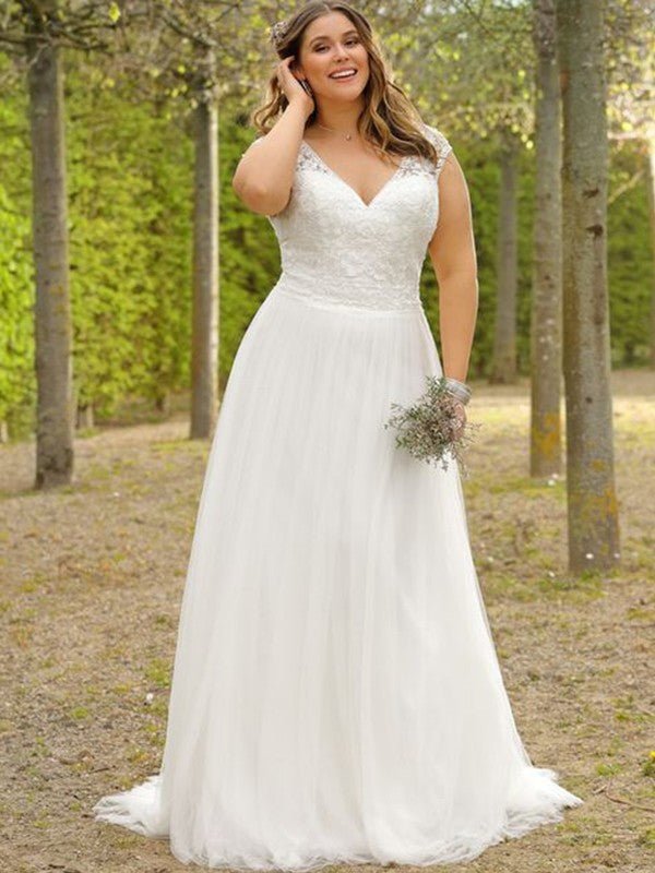 NumberSea - A - Line/Princess Short Sleeves Tulle Applique V - neck Sweep/Brush Train Plus Size Wedding Dresses