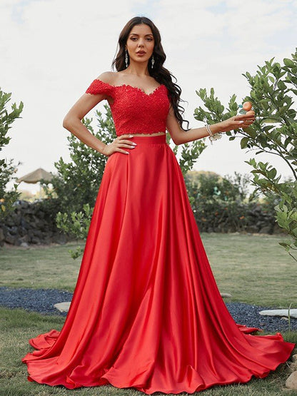 NumberSea - A - Line/Princess Silk like Satin Applique Off - the - Shoulder Sleeveless Sweep/Brush Train Two Piece Dresses