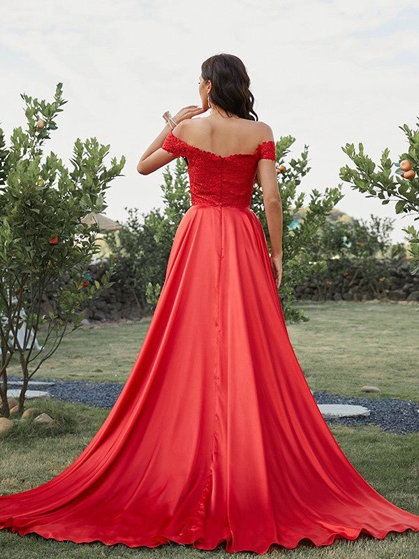 NumberSea - A - Line/Princess Silk like Satin Applique Off - the - Shoulder Sleeveless Sweep/Brush Train Two Piece Dresses