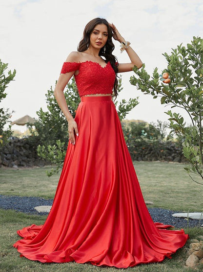 NumberSea - A - Line/Princess Silk like Satin Applique Off - the - Shoulder Sleeveless Sweep/Brush Train Two Piece Dresses