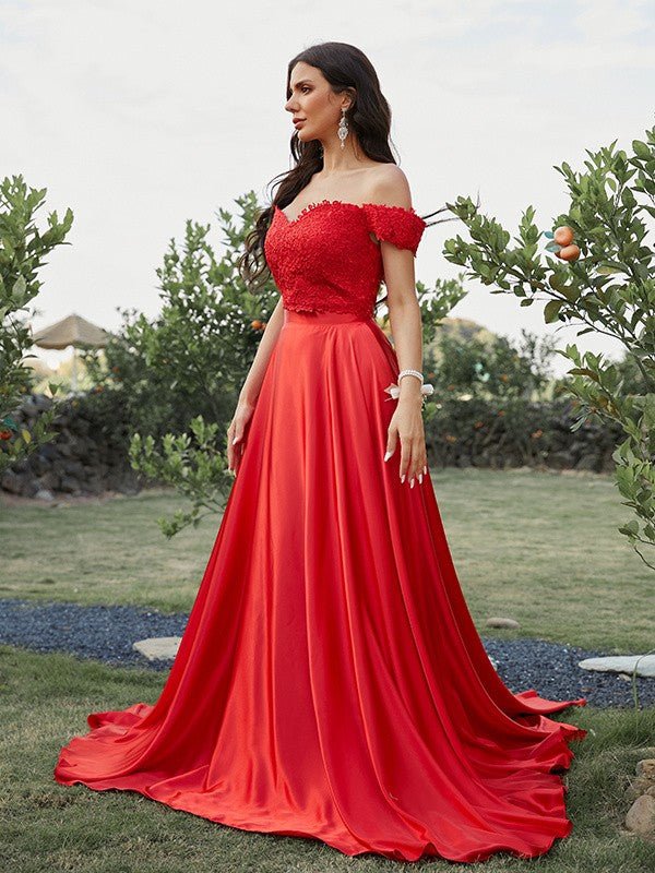 NumberSea - A - Line/Princess Silk like Satin Applique Off - the - Shoulder Sleeveless Sweep/Brush Train Two Piece Dresses