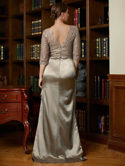 NumberSea - A - Line/Princess Silk Like Satin Lace V - neck 3/4 Sleeves Sweep/Brush Train Mother of the Bride Dresses