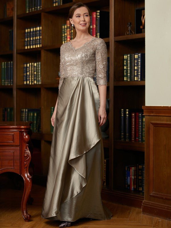 NumberSea - A - Line/Princess Silk Like Satin Lace V - neck 3/4 Sleeves Sweep/Brush Train Mother of the Bride Dresses