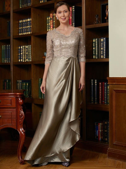 NumberSea - A - Line/Princess Silk Like Satin Lace V - neck 3/4 Sleeves Sweep/Brush Train Mother of the Bride Dresses