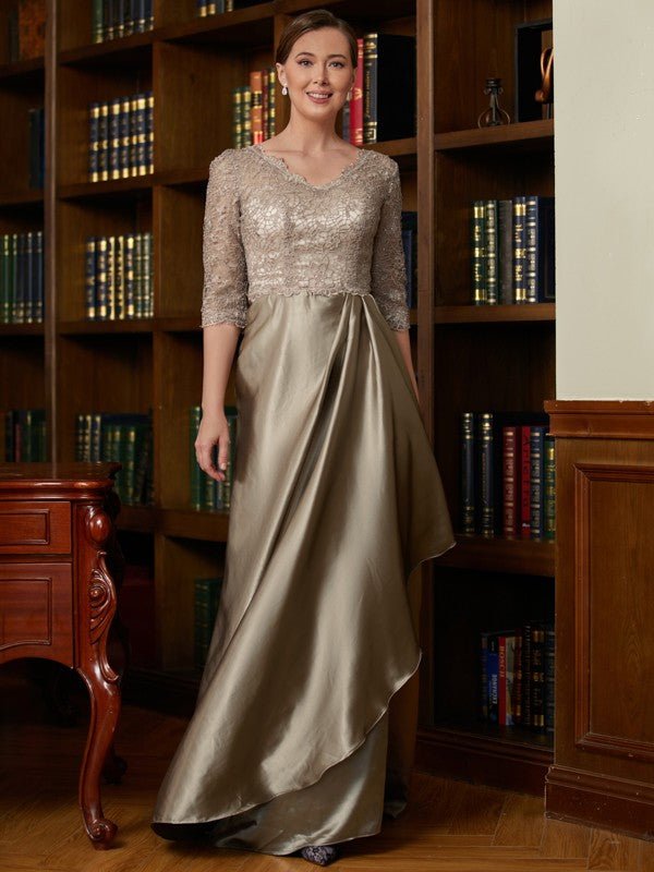 NumberSea - A - Line/Princess Silk Like Satin Lace V - neck 3/4 Sleeves Sweep/Brush Train Mother of the Bride Dresses