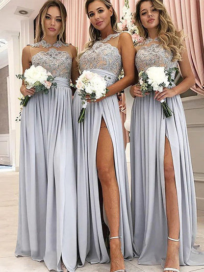 NumberSea - A - Line/Princess Silk like Satin Ruched Scoop Sleeveless Floor - Length Bridesmaid Dresses