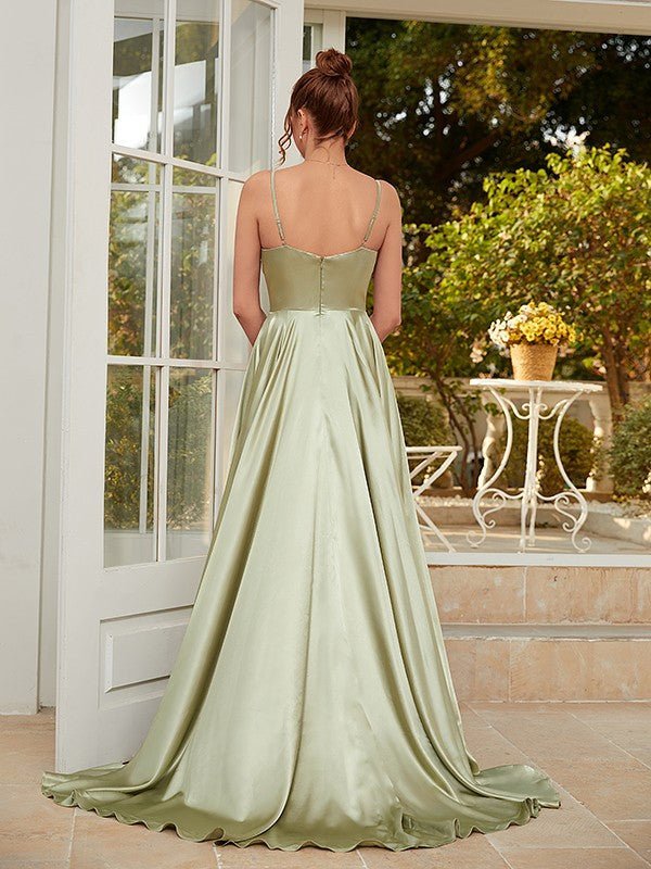 NumberSea - A - Line/Princess Silk like Satin Ruched Spaghetti Straps Sleeveless Sweep/Brush Train Dresses