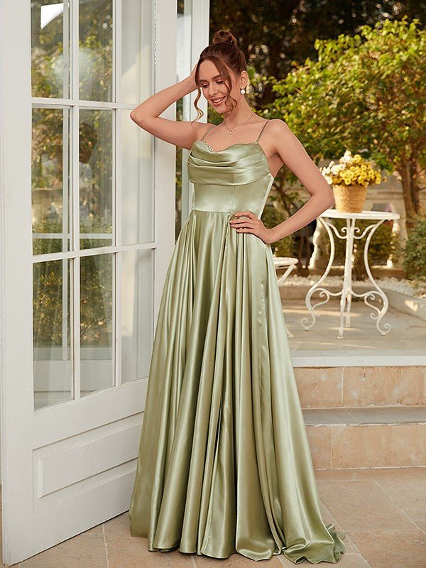 NumberSea - A - Line/Princess Silk like Satin Ruched Spaghetti Straps Sleeveless Sweep/Brush Train Dresses