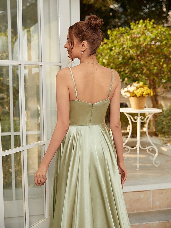 NumberSea - A - Line/Princess Silk like Satin Ruched Spaghetti Straps Sleeveless Sweep/Brush Train Dresses