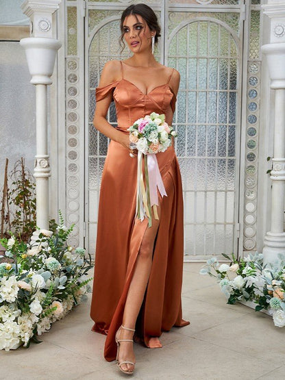 NumberSea - A - Line/Princess Silk like Satin Ruched Sweetheart Sleeveless Sweep/Brush Train Bridesmaid Dresses