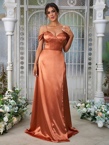 NumberSea - A - Line/Princess Silk like Satin Ruched Sweetheart Sleeveless Sweep/Brush Train Bridesmaid Dresses