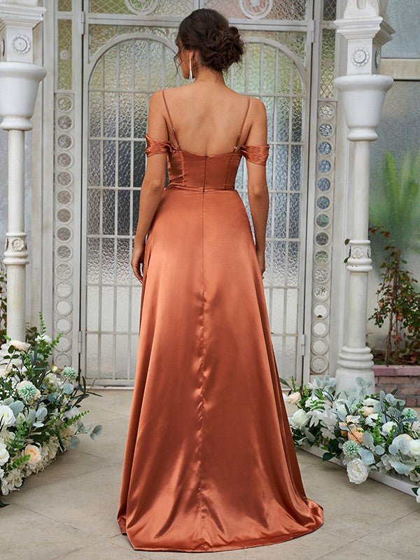 NumberSea - A - Line/Princess Silk like Satin Ruched Sweetheart Sleeveless Sweep/Brush Train Bridesmaid Dresses